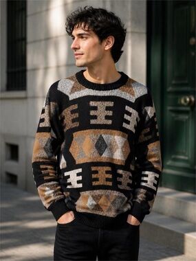Alpaca Leo Peressi Men's Geometric Crewneck Sweater in Black, Brown & Gray Sz L
